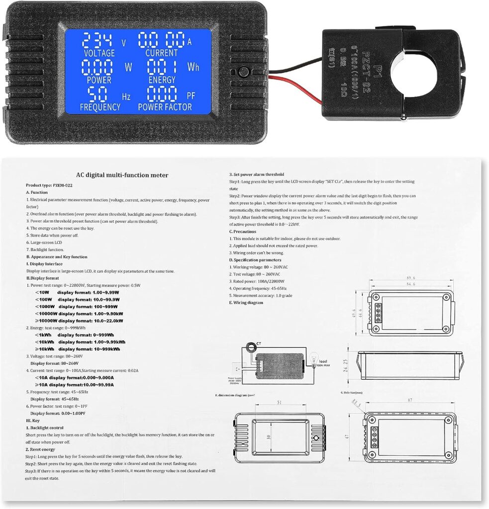 2 Pieces AC Power Meter AC 80-260V 100A Crs-022b LCD Digital Current Voltage and Current Monitor Meter Power Voltmeter Ammeter with 100A Current Split Core Transformer CT