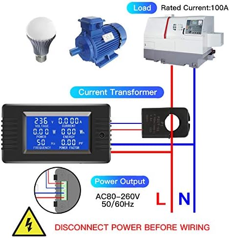 AC Current Voltage Amperage Power Energy Panel Meter LCD Digital Display Ammeter Voltmeter Multimeter with Split Core Current Transformer CT AC 80-260V 100A Multi-Function Power Monitor