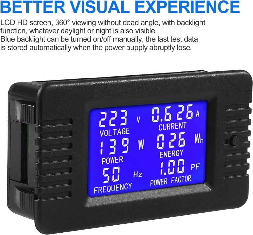 AC Digital Meter, AC 80-260V 100A LCD Display Digital Current Voltage Power Energy Frequency Power Factor Multimeter Ammeter Voltmeter 100A(Split Core Current Transformer)