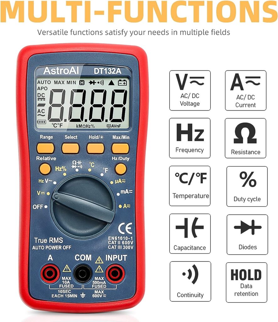 AstroAI Digital Multimeter TRMS 4000 Counts with DC AC voltmeter and Auto-Ranging Fast Accurately Measures Voltage, Current, Resistance, Capacitance, Temperature, Continuity, Frequency and Duty-Cycle.