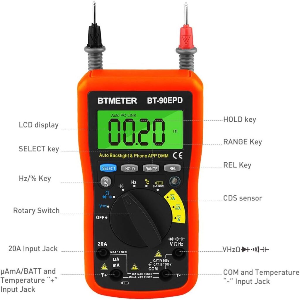 Bluetooth APP Digital Multimeter - BTMETER BT-90EPD Auto Ranging Multi-Tester 4000 Counts Data Logging on Mobile Phone for AC/DC Voltage Current Resistance Temperature