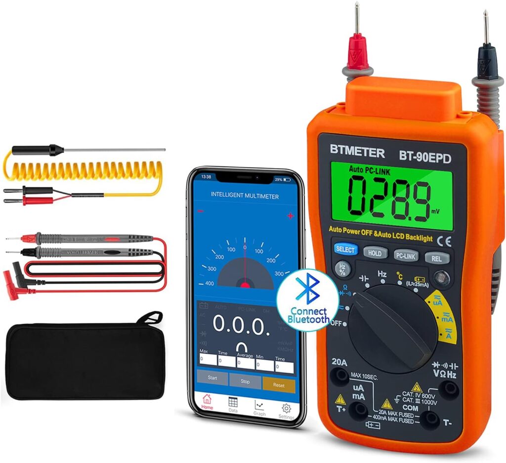 Bluetooth APP Digital Multimeter - BTMETER BT-90EPD Auto Ranging Multi-Tester 4000 Counts Data Logging on Mobile Phone for AC/DC Voltage Current Resistance Temperature