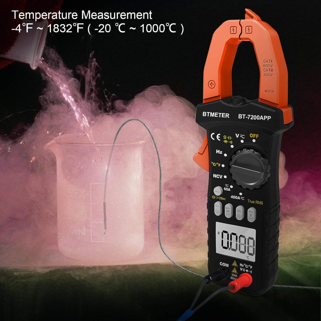 BTMETER BT-7200APP TRMS 6000 Counts Clamp Multimeter, Digital Clamp-on Ammeter for AC/DC Current Voltage Resistance Capacitor Frequency Continuity Temperature NCV Meter