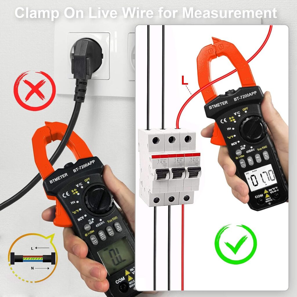 BTMETER BT-7200APP TRMS 6000 Counts Clamp Multimeter, Digital Clamp-on Ammeter for AC/DC Current Voltage Resistance Capacitor Frequency Continuity Temperature NCV Meter