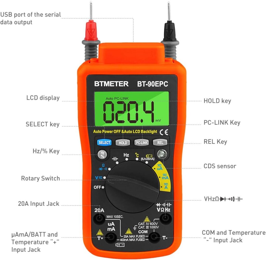 BTMETER BT-90EPC Digital Multimeter, Auto-Ranging AC/DC Volt Amp Ohm Temperature Electric Multi-Tester, w/ USB to PC Link Sync for Data Logging