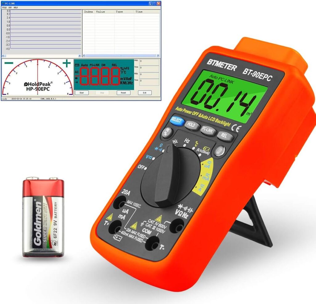 BTMETER BT-90EPC Digital Multimeter, Auto-Ranging AC/DC Volt Amp Ohm Temperature Electric Multi-Tester, w/ USB to PC Link Sync for Data Logging