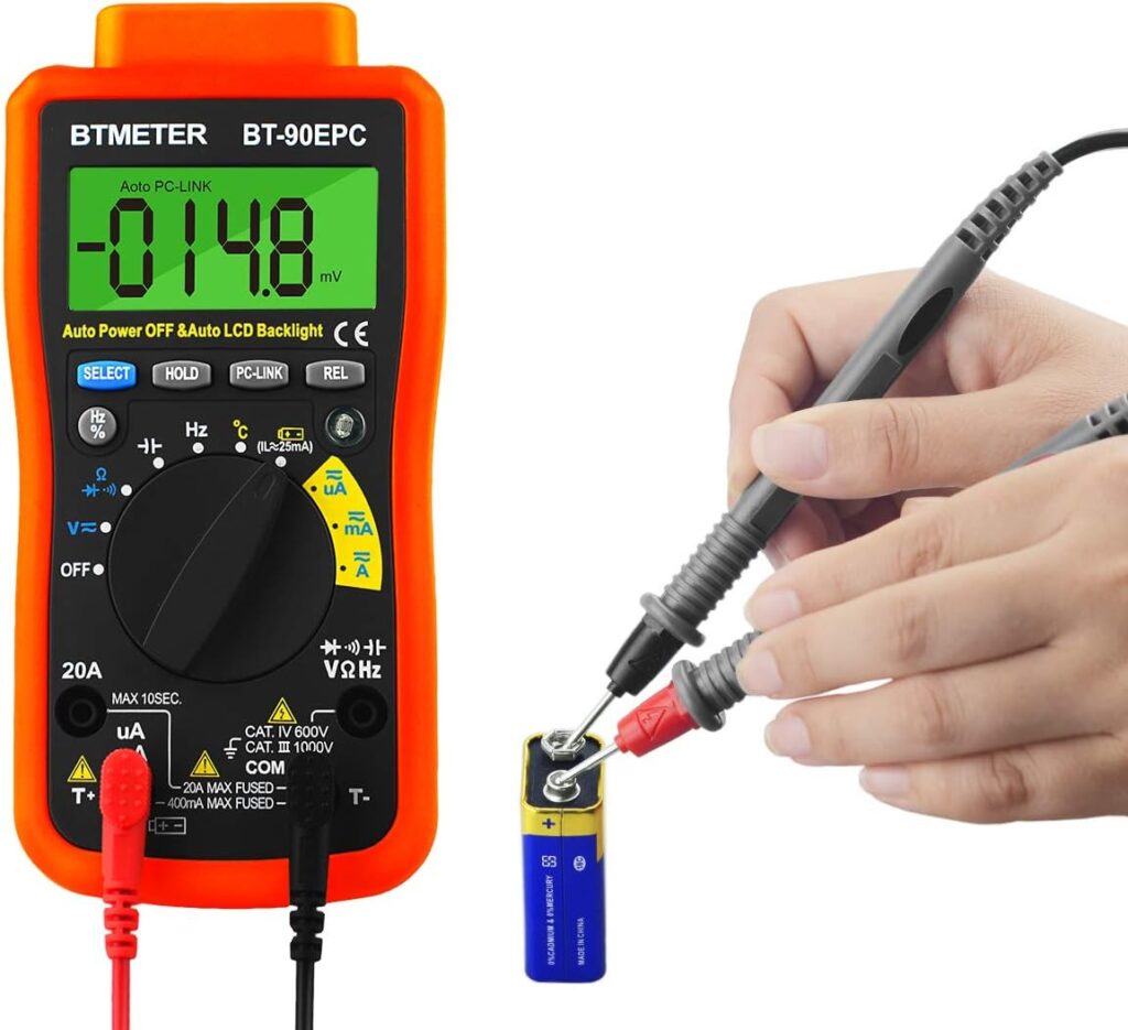 BTMETER BT-90EPC Digital Multimeter, Auto-Ranging AC/DC Volt Amp Ohm Temperature Electric Multi-Tester, w/ USB to PC Link Sync for Data Logging