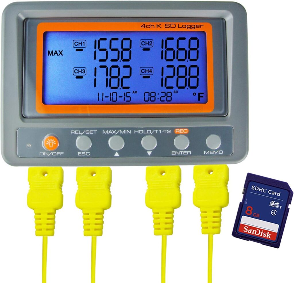 DANOPLUS Digital 4 Channels K-Type Thermocouple Thermometer with SD Card Data Logger Function, Programmable High / Low Limit Alarm, Multi Channels Temperature Sensor Temperature Recorder