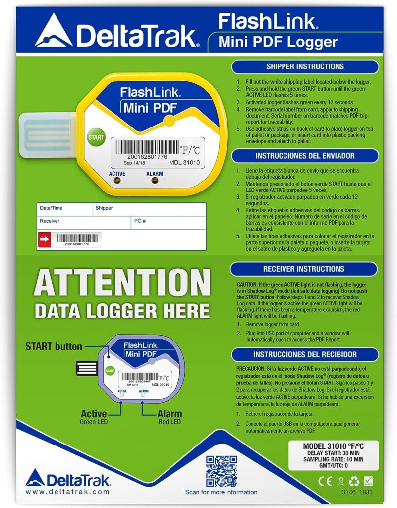 Deltatrak (10 Pack) 85 Days USB Temperature Data Logger Recorder in-Transit Trip Single Use Cold Chain PDF Logger