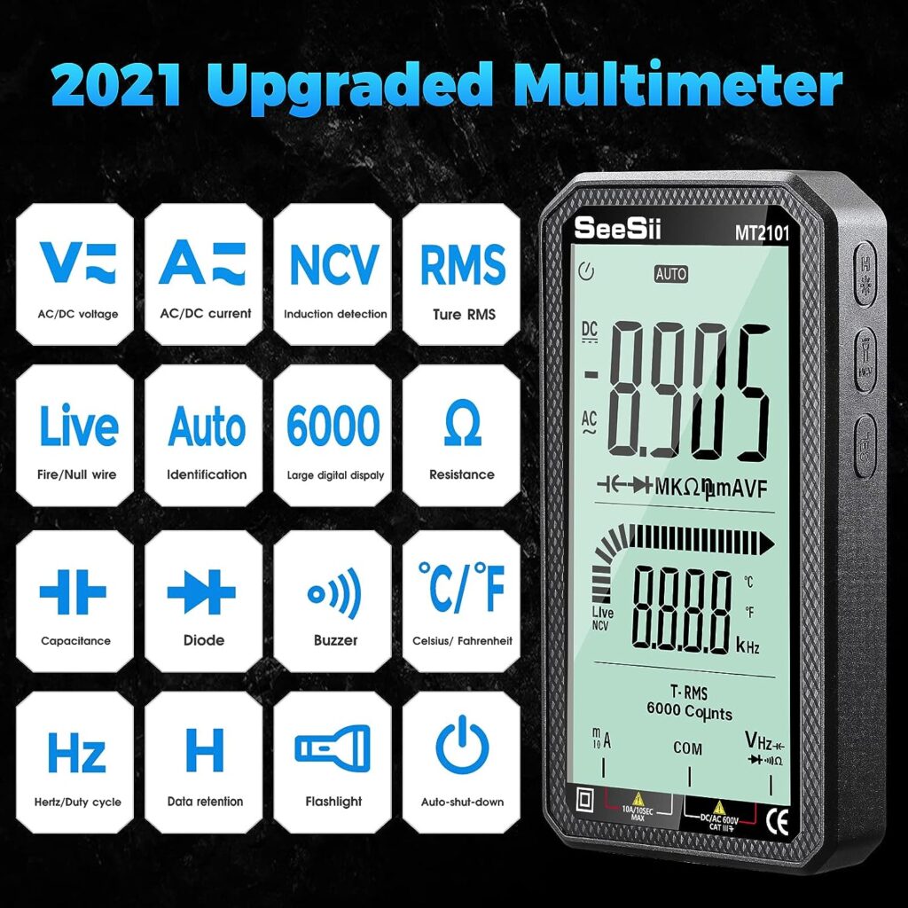 Digital Multimeter,4.7 Inch Large Screen Multimeter Tester TRMS 6000 Counts Voltmeter Auto-Ranging Fast Measures Voltage Current Amp Resistance Diodes Continuity Duty-Cycle Capacitance Temperature