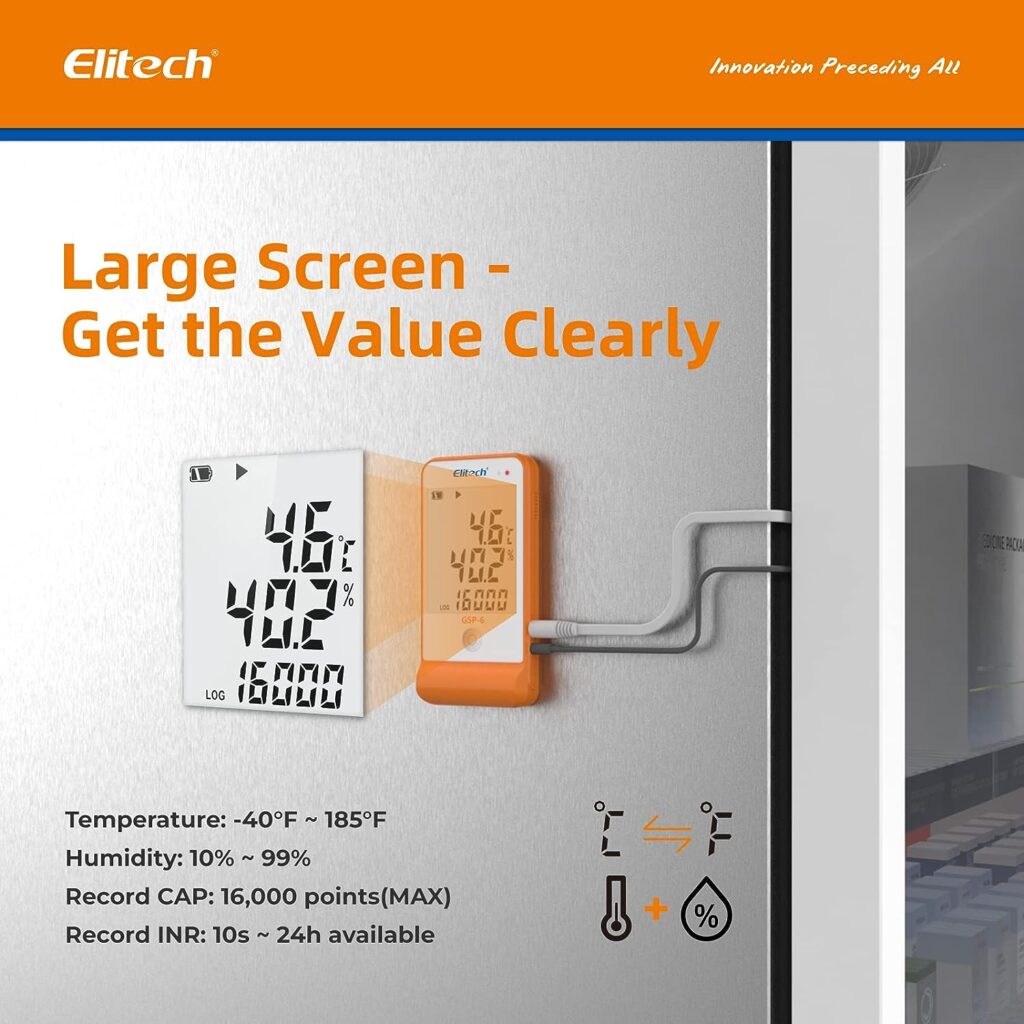 Elitech Digital Temperature Humidity Data Logger Pharmacy Refrigerator Thermometer Vaccine Fridge Temperature Monitor Max Min Value GSP-6