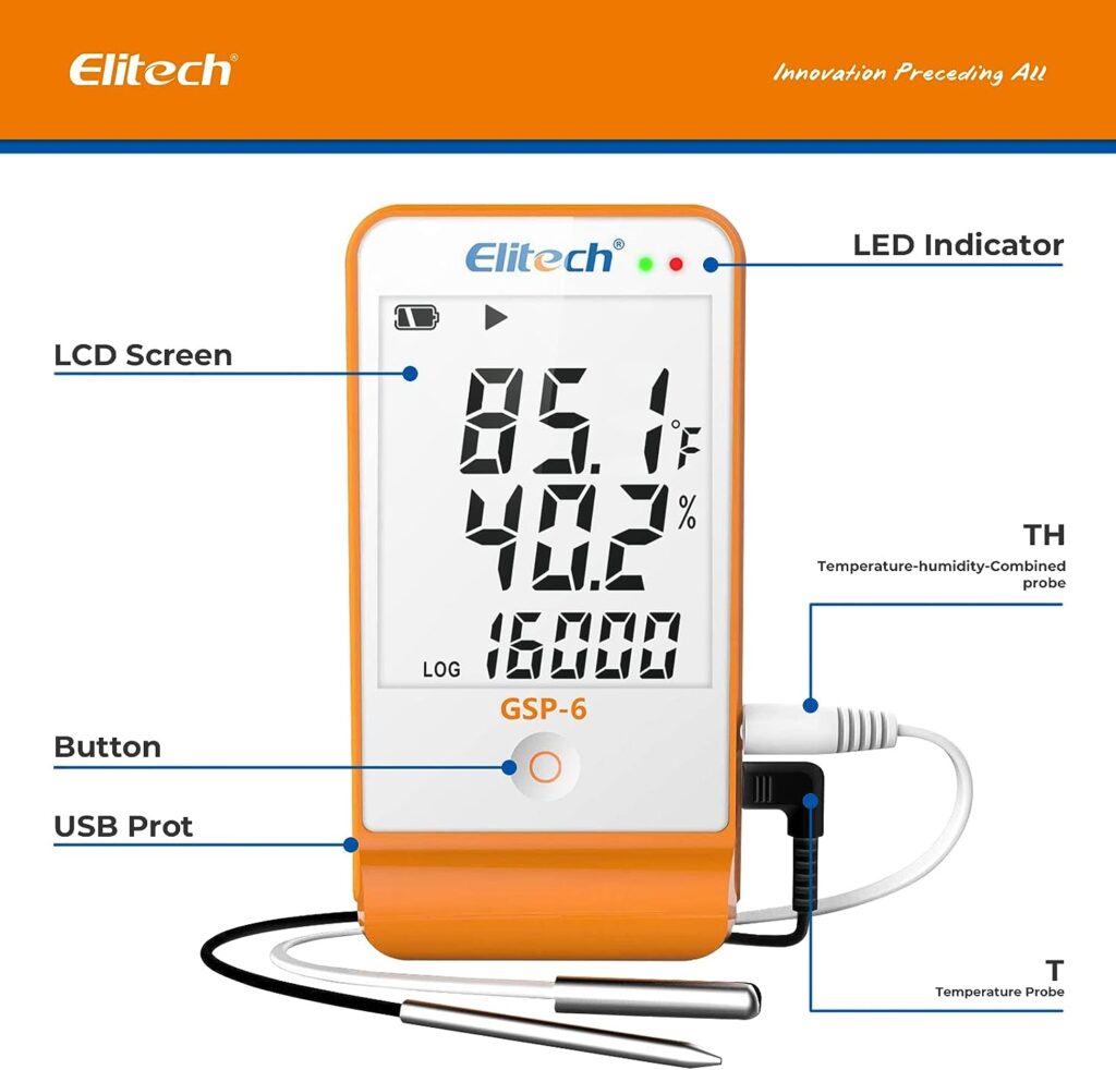 Elitech Digital Temperature Humidity Data Logger Pharmacy Refrigerator Thermometer Vaccine Fridge Temperature Monitor Max Min Value GSP-6