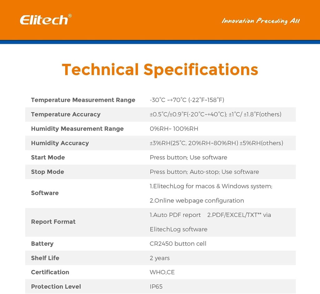 Elitech Temperature Humidity Data Logger Single Use Temperature Recorder PDF Report USB Temperature Logger 16000 Points WHO PQS Listed LogEt1-TH