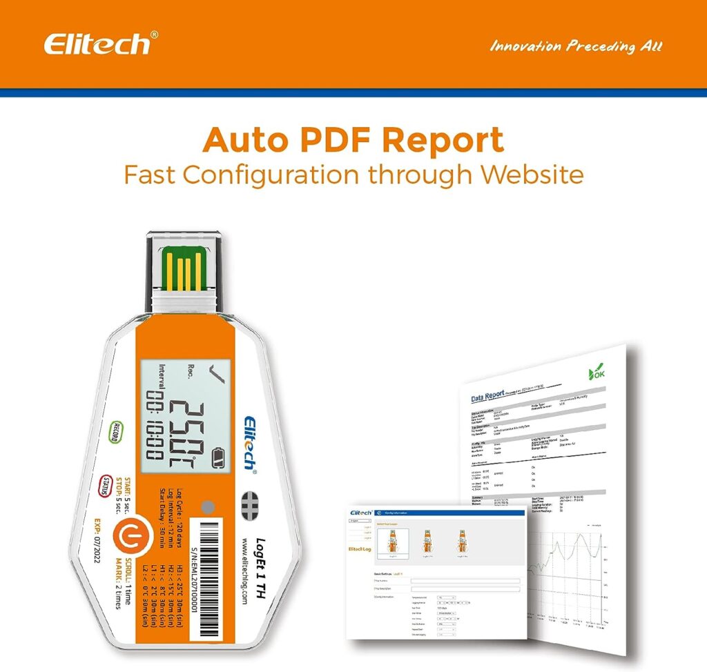 Elitech Temperature Humidity Data Logger Single Use Temperature Recorder PDF Report USB Temperature Logger 16000 Points WHO PQS Listed LogEt1-TH-100Pack