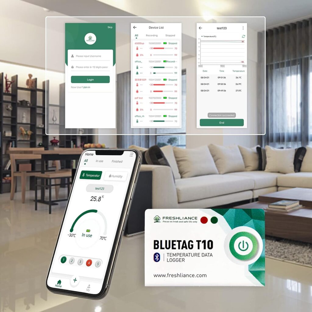 Freshliance Bluetooth Temperature Data Logger Recorder, Smart Multiple-use Wireless Thermometer Senor with APP Notification Alarm, 1 Year Data Storage Export, Remote Monitor for Freezer, Cigars