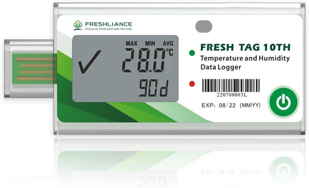 Freshliance LCD Temperature Humidity Data Logger, Single Use USB Temperature Humidity Recorder with PDF or CSV Report, 65000 Readings -22℉~158℉ High Accuracy, 90days, 10pack, Fresh Tag10TH