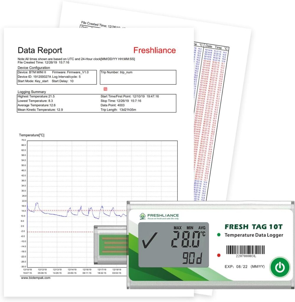 Freshliance LCD Temperature Humidity Data Logger, Single Use USB Temperature Humidity Recorder with PDF or CSV Report, 65000 Readings -22℉~158℉ High Accuracy, 90days, 10pack, Fresh Tag10TH