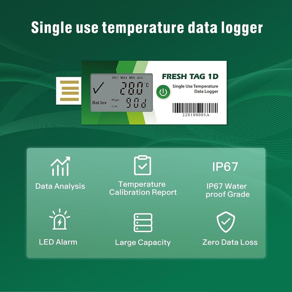 Freshliance Temperature Data Logger LCD Single Use with PDF Report 90Days 20Pack Fresh Tag1D