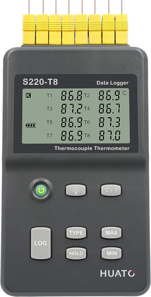 HUATO S220-T8 Eight Channel Thermocouple Data Logger with External Power Supply and 3 Points NIST Traceable Certificate, Measuring Range -200 to 1800°C