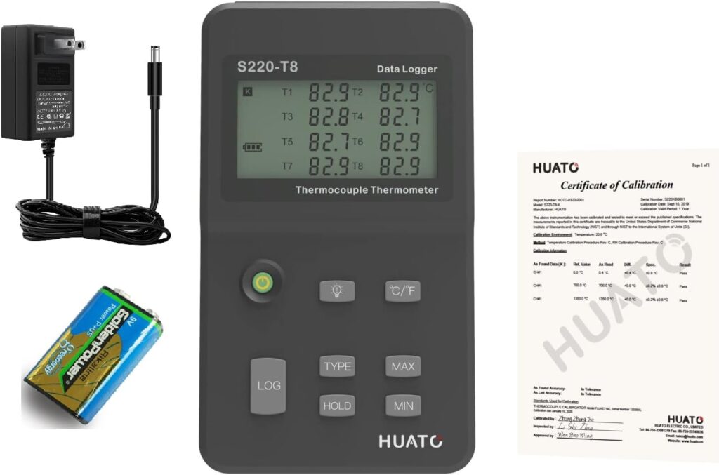 HUATO S220-T8 Eight Channel Thermocouple Data Logger with External Power Supply and 3 Points NIST Traceable Certificate, Measuring Range -200 to 1800°C