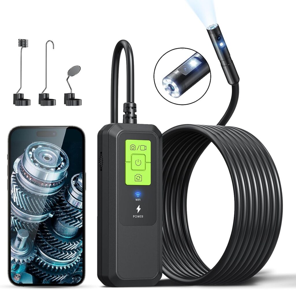 Industrial Data Loggers, Endoscope Camera with Light, WiFi Inspection Camera for iOS 9.0+ and Android 4.4+, 1280P HD Borescope, Snake Camera with IP67 Waterproof and Semi-Rigid