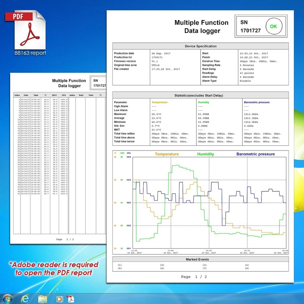 Light, Portable and IP65 Waterproof USB Data Logger for Temperature, Humidity and Atmospheric Pressure, with Built-in Software to Generate PDF and Excel Reports