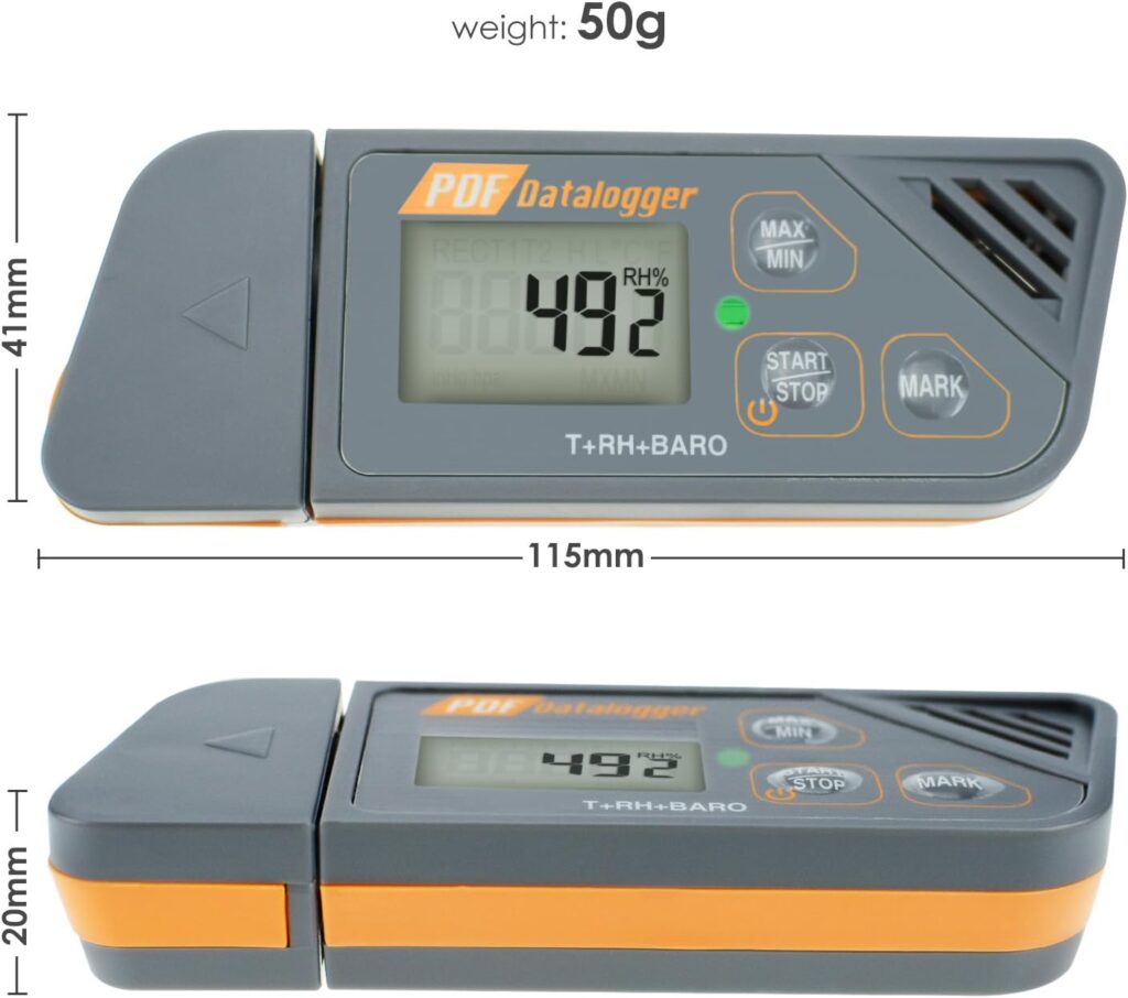 Light, Portable and IP65 Waterproof USB Data Logger for Temperature, Humidity and Atmospheric Pressure, with Built-in Software to Generate PDF and Excel Reports