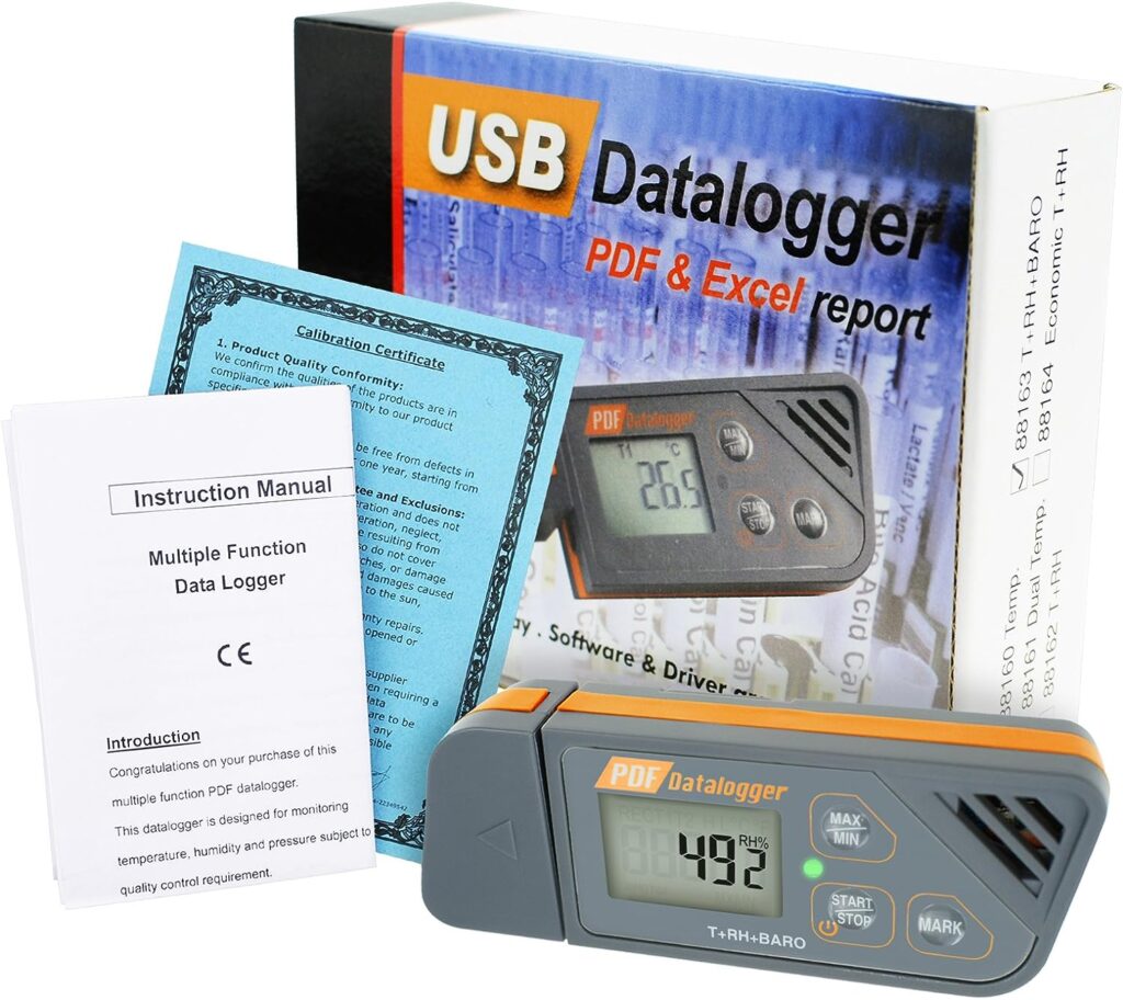 Light, Portable and IP65 Waterproof USB Data Logger for Temperature, Humidity and Atmospheric Pressure, with Built-in Software to Generate PDF and Excel Reports