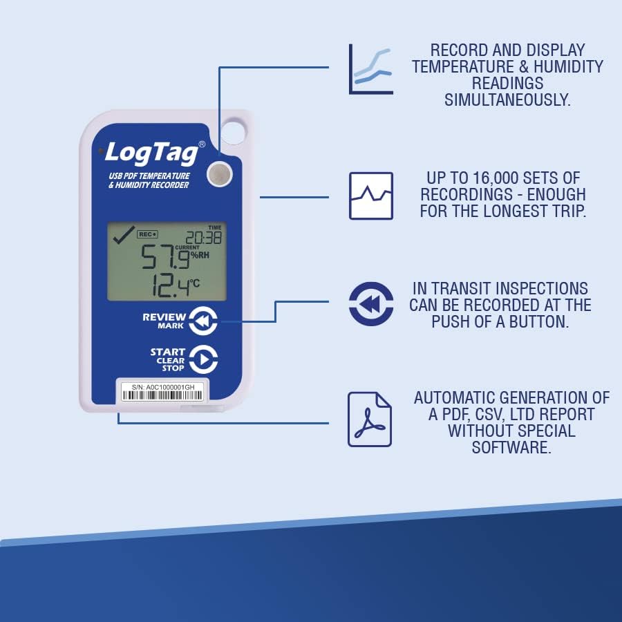 LogTag UHADO-16, Multi-use Data Logger, Temperature  Humidity, 16,000 Readings, with Display, with USB, White/Blue