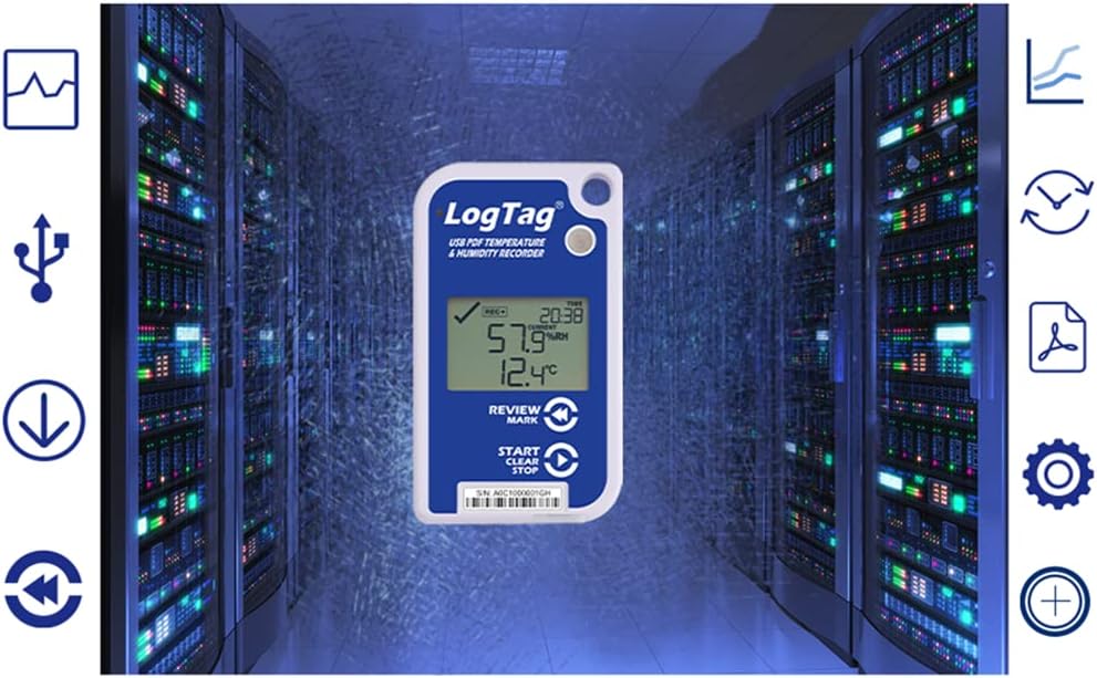 LogTag UHADO-16, Multi-use Data Logger, Temperature  Humidity, 16,000 Readings, with Display, with USB, White/Blue