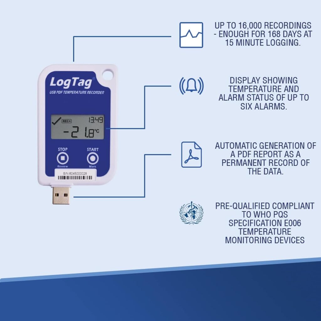 LogTag UTRID-16 Multi-use Temperature Recorder, with Display, 16,000 Readings, 6-Month Battery, Range of -30°C to +60°C (-22°F to +140°F)