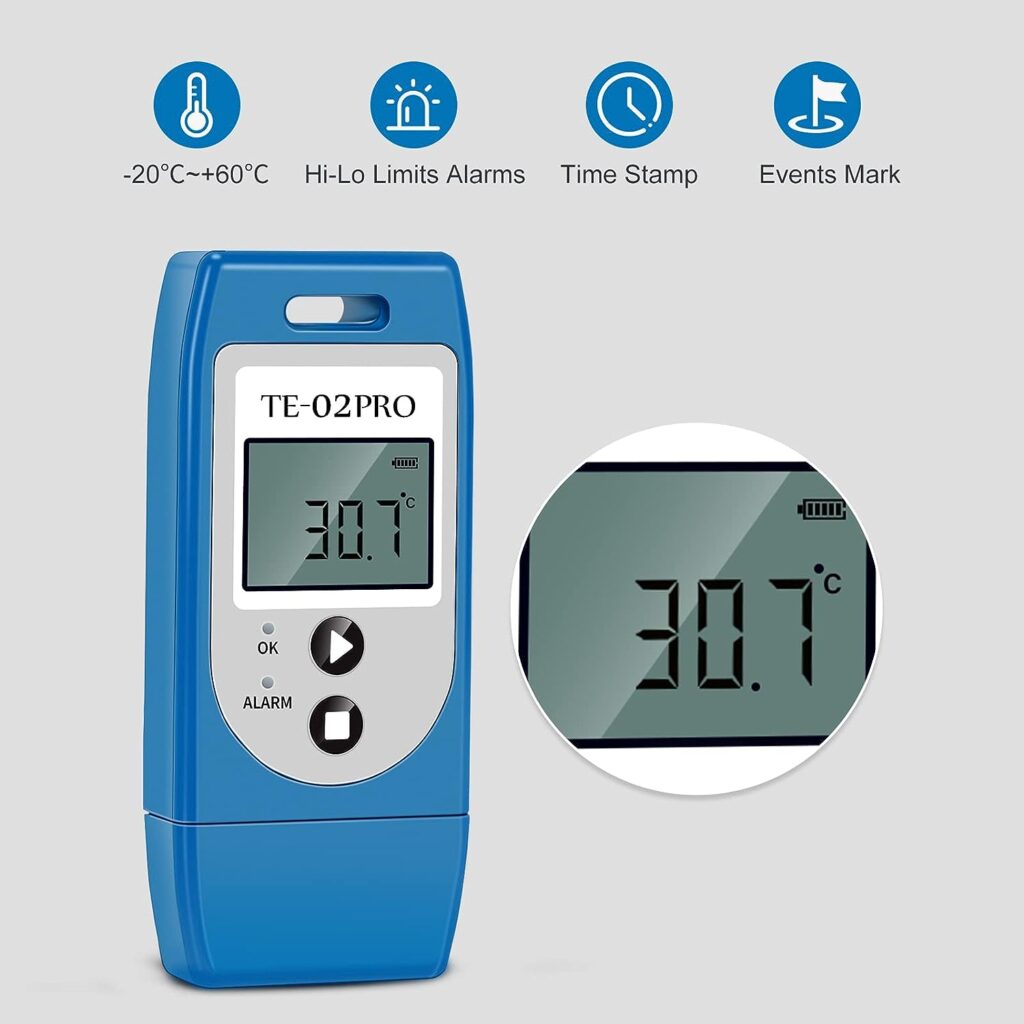 Temperature Data Logger, Multi-Use USB Temperature Recorder with 32000 Readings, PDF Reports, Alarms, Waterproof, 1-Year Battery Life, Calibration Certificates, Thermometer Logger for Cold Chain (5)