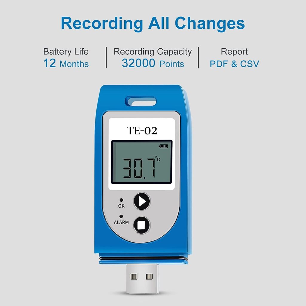 Temperature Data Logger, Multi-Use USB Temperature Recorder with 32000 Readings, PDF Reports, Alarms, Waterproof, 1-Year Battery Life, Calibration Certificates, Thermometer Logger for Cold Chain (5)