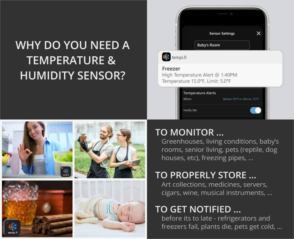 tempi.fi Mini Wireless Temperature and Humidity Sensor - Developed in The USA - 24/7 Data Logger with Alarm – Bluetooth Smart Thermometer and Hygrometer - Monitor Refrigerator Freezer Pets (T3)