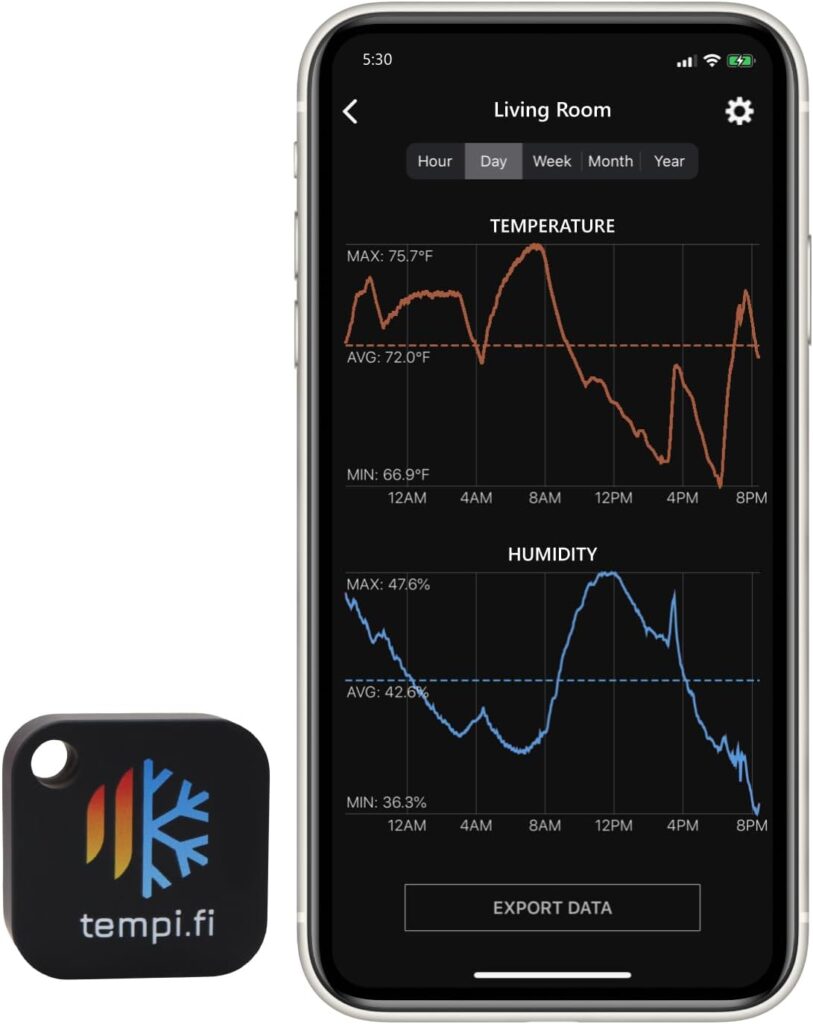 tempi.fi Mini Wireless Temperature and Humidity Sensor - Developed in The USA - 24/7 Data Logger with Alarm – Bluetooth Smart Thermometer and Hygrometer - Monitor Refrigerator Freezer Pets (T3)