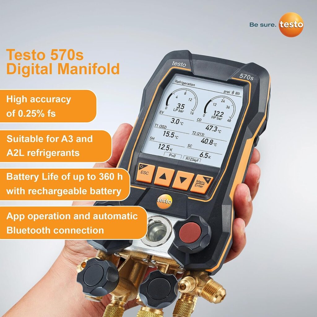 Testo 570s Manifold Gauges HVAC – Micron Gauge for Long-Term Measurement on Air Conditioning, Heat Pumps – Micron Gauge HVAC 4-Way Valve and USB-C – Refrigerant Gauge Bluetooth, App-Connection