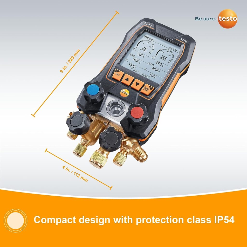 Testo 570s Manifold Gauges HVAC – Micron Gauge for Long-Term Measurement on Air Conditioning, Heat Pumps – Micron Gauge HVAC 4-Way Valve and USB-C – Refrigerant Gauge Bluetooth, App-Connection