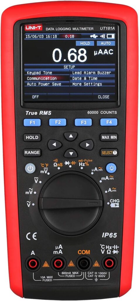 UNI-T True RMS Data Logging Multimeter UT181A with Dual Temperature Measurement Low Pass Filter nS Conductance Trend Capture AC DC Voltage Current Ohm Admittance Capacitance Frequency 60,000 Counts