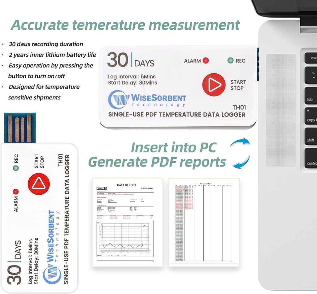 Wisesorb 1 Pack USB Temperature Data Logger 10000 Records Cover 30days Use for Single-use Trip Cold Chain Fresh Tag, IP67