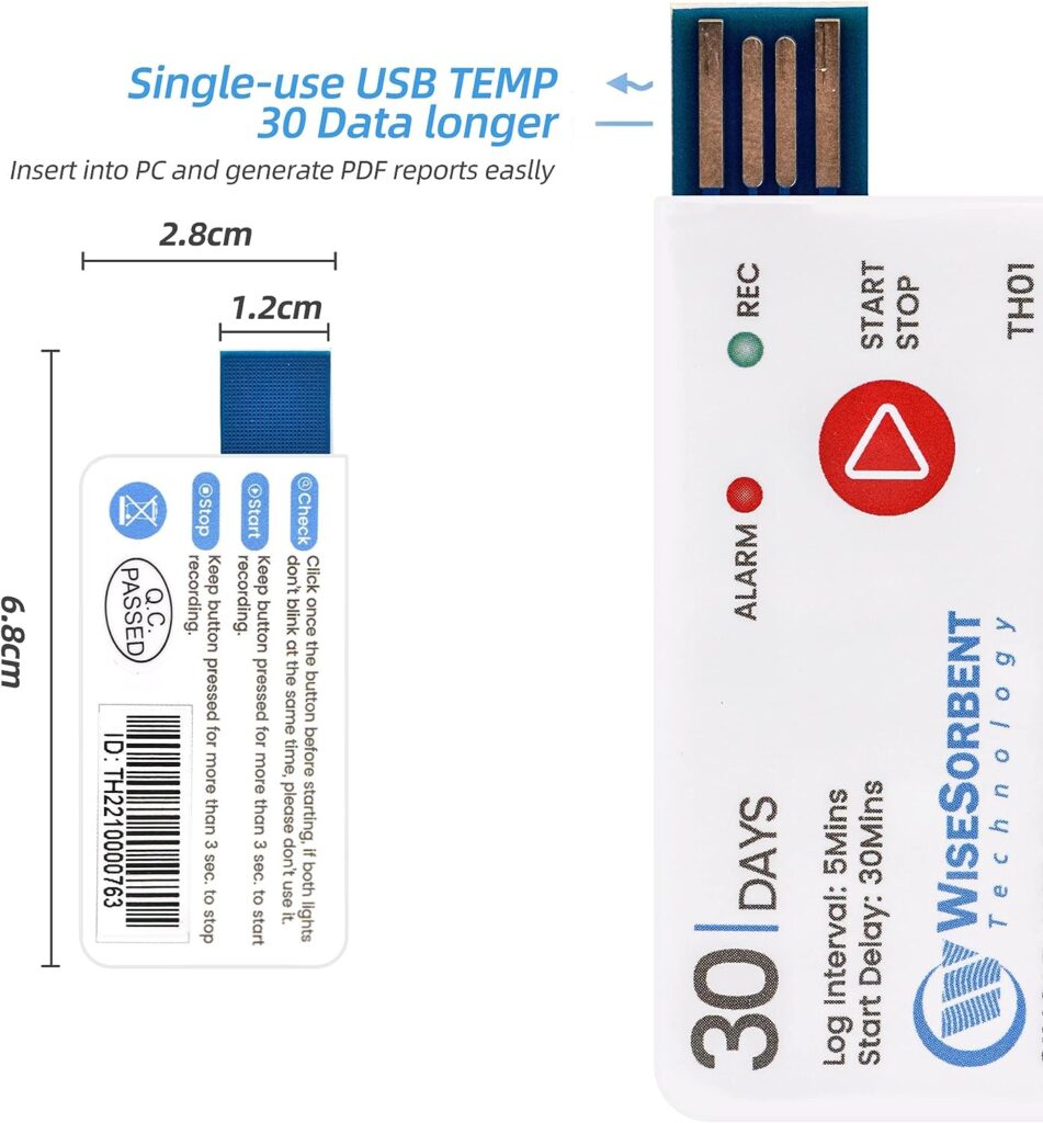 Wisesorb 1 Pack USB Temperature Data Logger 10000 Records Cover 30days Use for Single-use Trip Cold Chain Fresh Tag, IP67