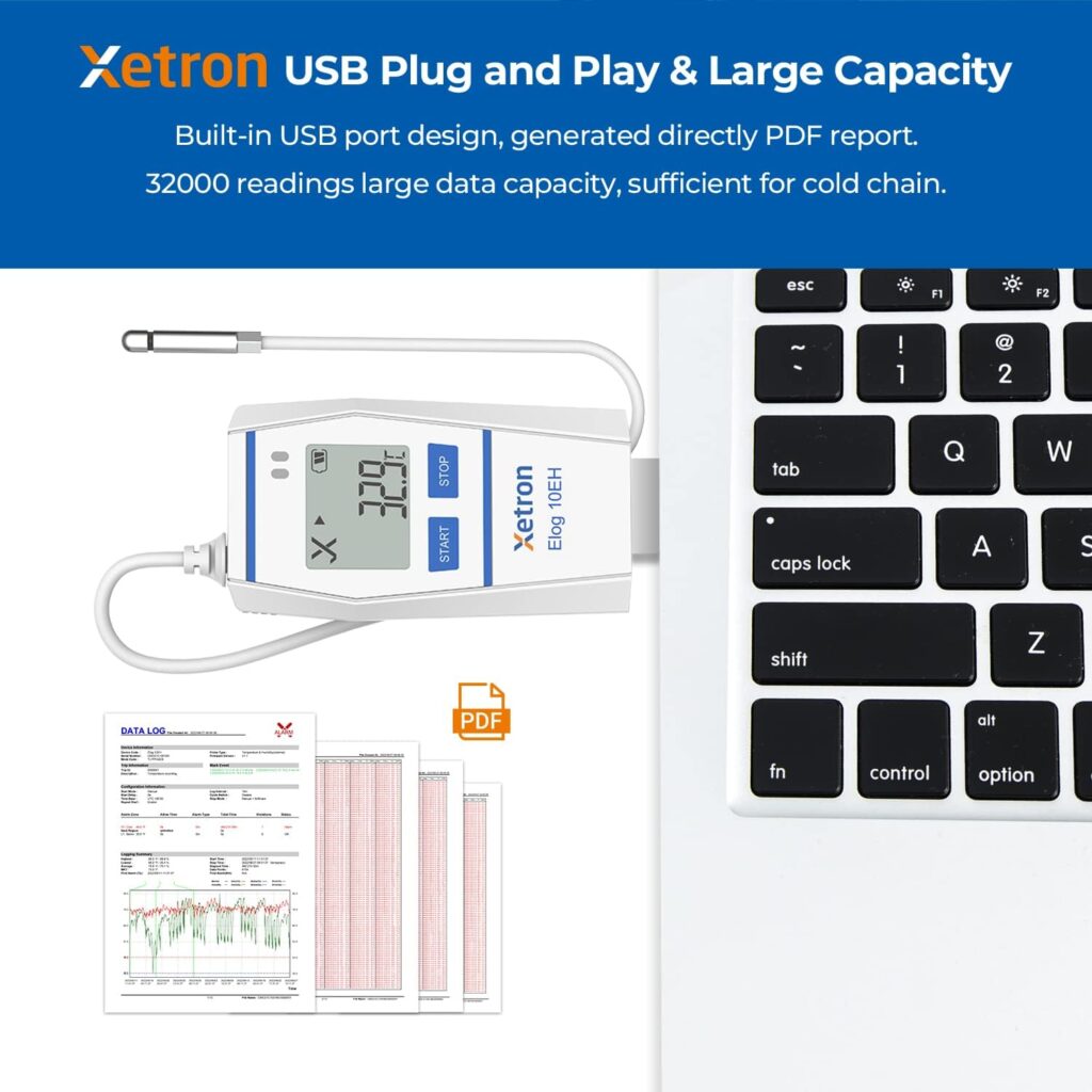 Xetron Multi-Use Temperature Humidity Data Logger with External Probe,32000 Points Reusable Recorder for Cold Chain, PDF Report, Calibration Certificate Elog10EH (4 Pack）Upgrade RC-5