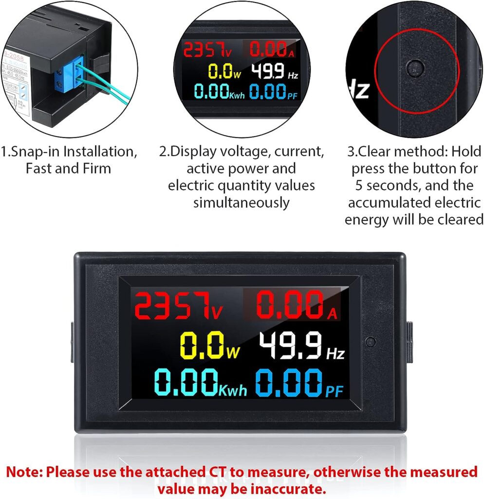 2 Pieces AC Display Meter, 80-300V 100A Digital Multimeter Voltmeter Voltage Current Power Factor Voltmeter Multimeter Tester 110V 220V Digital Color LCD Volt Amp Watt Detector Reader Panel