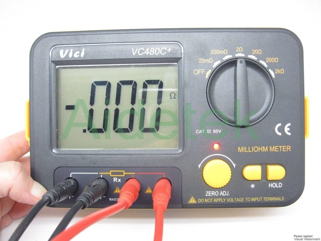 AideTek VC480C Precision Milliohm Meters 4 Wire Kelvin Clip 0 Adjust Large LCD Backlit LCD Data Hold Manual Zero Display Adjust