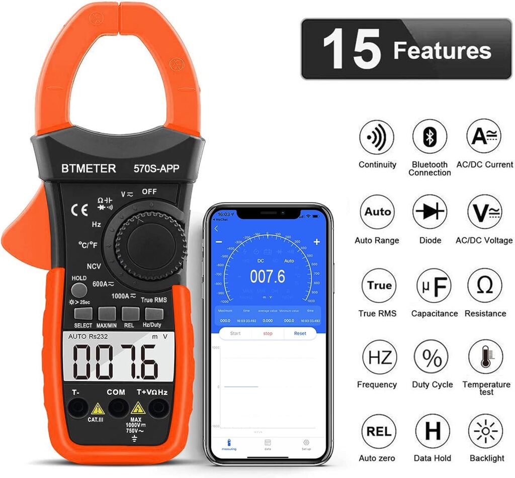 BTMETER Digital Clamp Multimeter BT-570S-APP, 6000 Counts TRMS Clamp-on Ammeter Auto Ranging Voltage Tester Measure AC DC Volt Amp Ohm NCV Temperature Capacitance