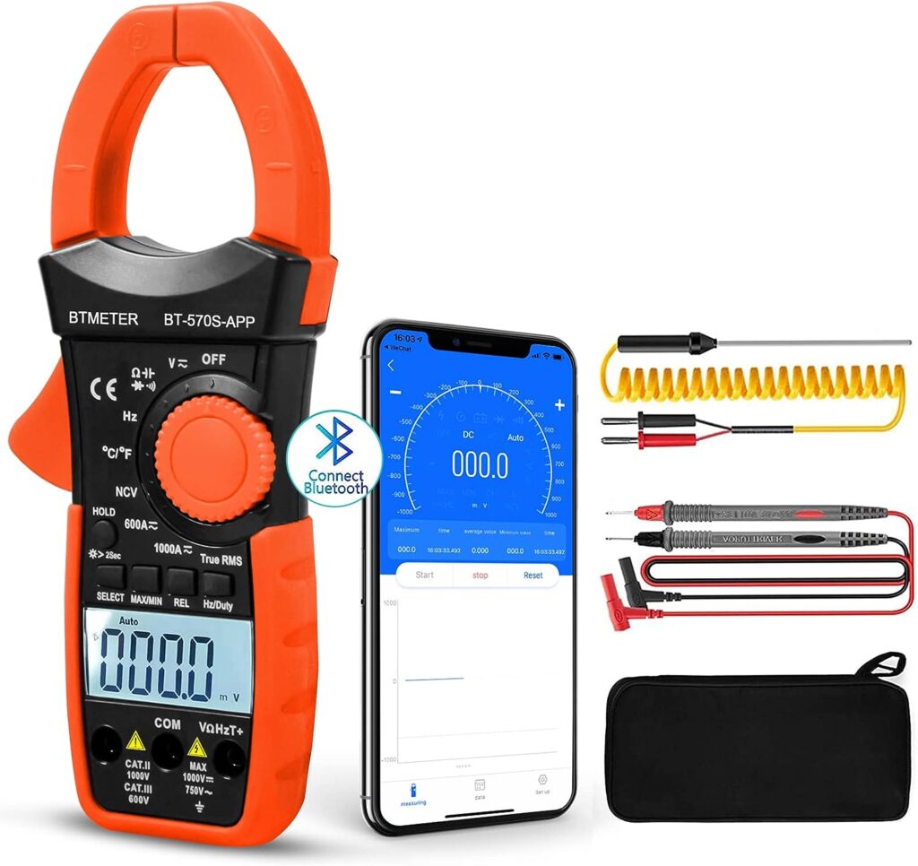 BTMETER Digital Clamp Multimeter BT-570S-APP, 6000 Counts TRMS Clamp-on Ammeter Auto Ranging Voltage Tester Measure AC DC Volt Amp Ohm NCV Temperature Capacitance