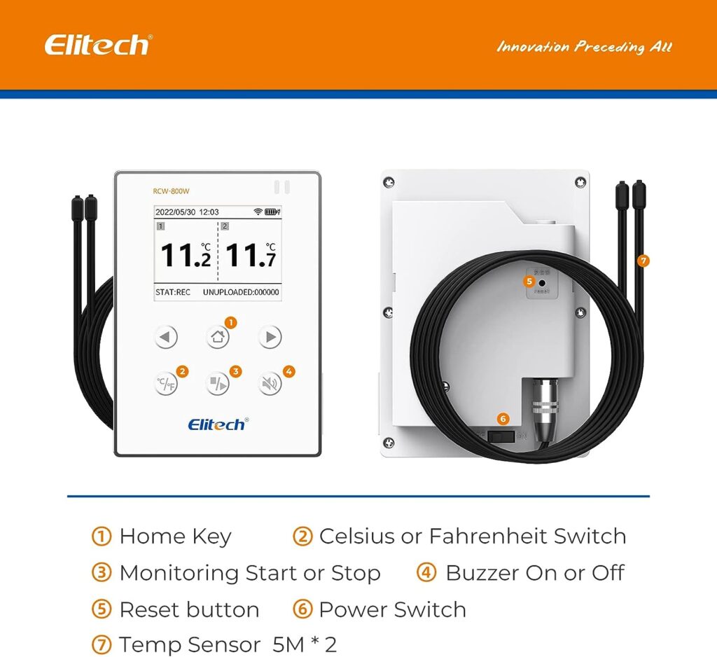 Elitech Wireless Digital Data Logger Remote Real-Time Temperature Monitor Cloud Data Storage WiFi Communication Dual External Temp Probe, RCW-800W-TDE(-40~176℉) with Basic Cloud Service