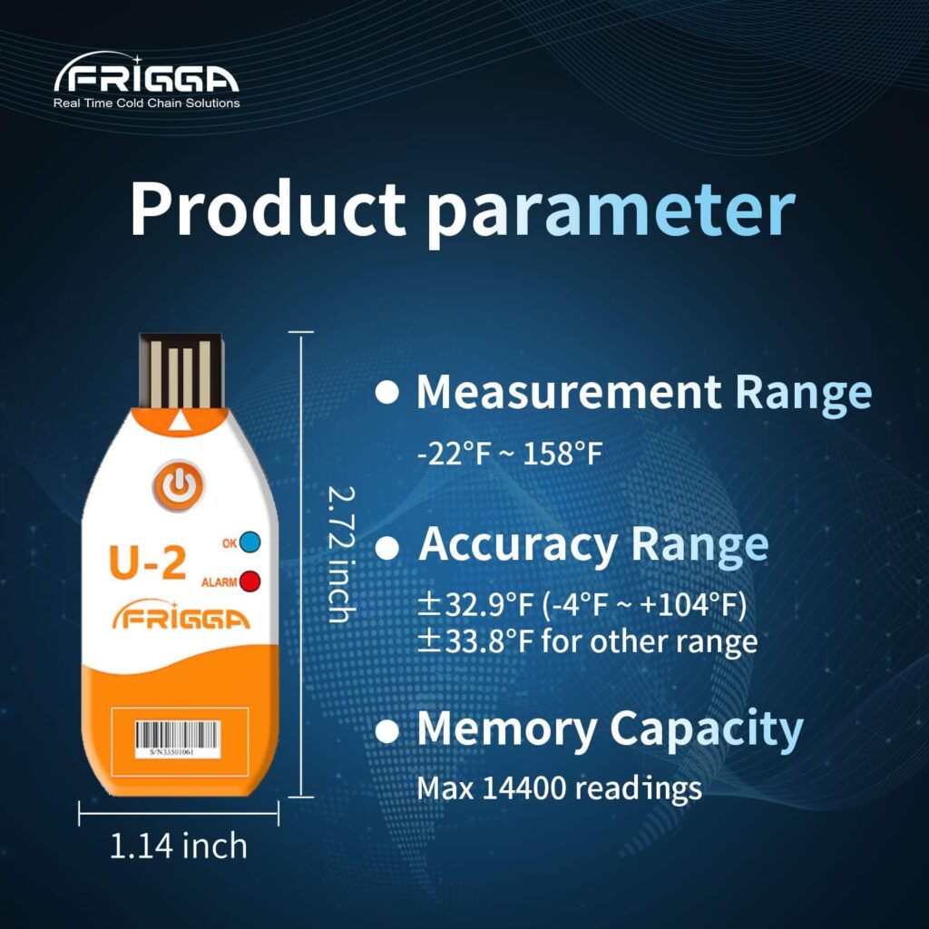 Frigga USB Temperature Data Logger Single Use Temperature Recorder 100 Days High Accuracy Thermometer Monitor 14400 Points with PDF CSV Report,U2