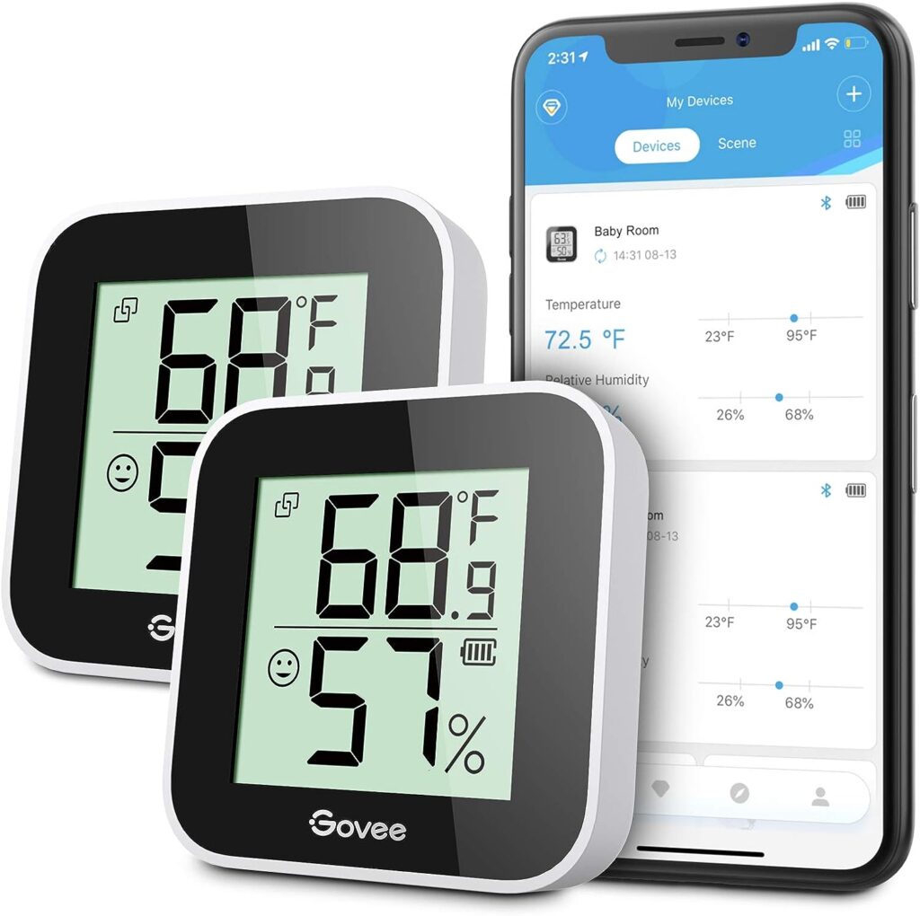 Govee Temperature Humidity Monitor 2-Pack, Indoor Room Thermometer Hygrometer with App Alert, Mini Bluetooth Digital Thermometer Humidity Sensor with Data Storage for Home Greenhouse Cellar