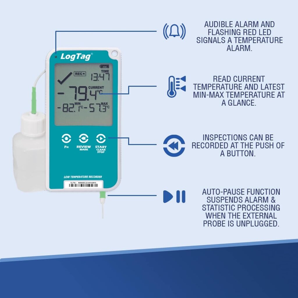 LogTag UTREL30-16 Single Channel Kit Includes: Data Logger, ST10M-15 External Probe with Buffer Bottle, Wall Mount Bracket  NIST Calibration Certificate, Blue/White