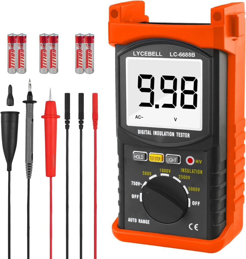 LYCEBELL Megohmmeter, LC-6688B Digital Insulation Resistance Tester, Voltage 500V/1kV/2.5kV/5kV, Auto Range Resistance Testing 1MΩ~200GΩ, LCD Backlight Display, Data Hold